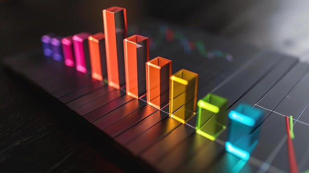 3D-Rendering eines leuchtenden mehrfarbigen Equalizers Der Equalizer besteht aus einer Reihe von vertikalen Balken, von denen jeder eine andere Farbe hat