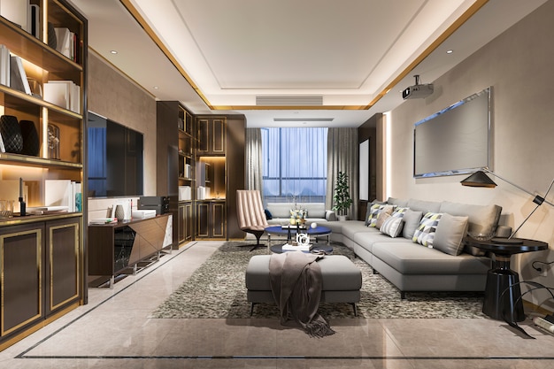 3D-Rendering eines luxuriösen modernen Wohnzimmers