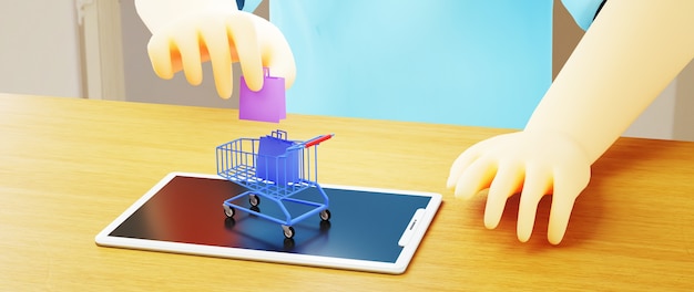 3D-Rendering eines Mannes und eines Handys. Online-Shopping und E-Commerce im Web-Business-Konzept. Sichere Online-Zahlungstransaktion mit Smartphone.