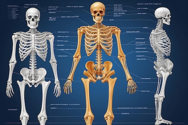 3D-Rendering eines menschlichen Skeletts auf blauem Hintergrund mit Abschnittspfad