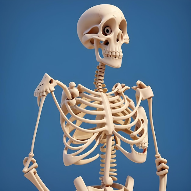 3D-Rendering eines menschlichen Skeletts mit Rückenschmerzen auf blauem Hintergrund