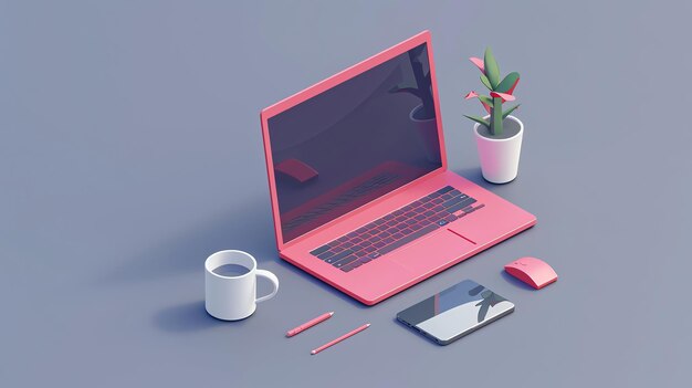 3D-Rendering eines minimalen Arbeitsraums mit einem rosa Laptop, einem weißen Becher, zwei Bleistiften, einem Smartphone und einer rosa Maus