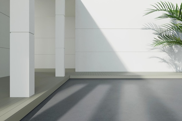 3D-Rendering eines minimalen Gebäudes mit Betonboden und weißer Wand Moderne Architektur