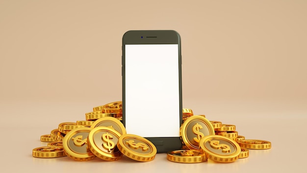3D-Rendering eines Mobiltelefons mit leerem Bildschirm und umgebenden goldenen US-Dollarmünzen