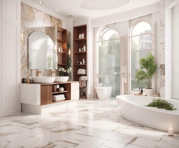 3D-Rendering eines modernen Badezimmers mit luxuriösem Fliesendekor