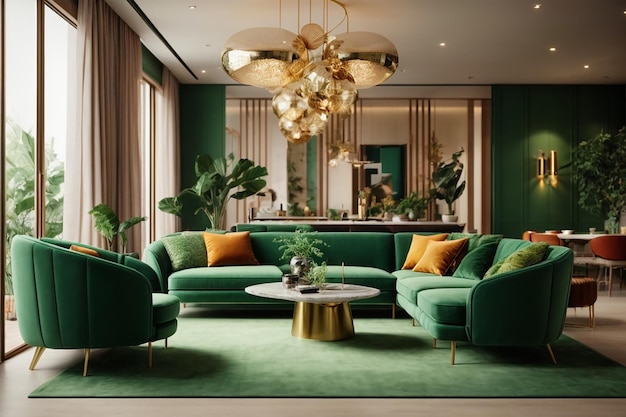 3D-Rendering eines modernen Esszimmers und Wohnzimmers mit luxuriösem Dekor und grünem Sofa