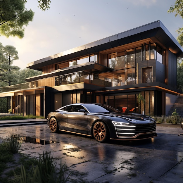 3D-Rendering eines modernen gemütlichen Hauses mit Garage und einem Auto zum Verkauf oder Vermietung