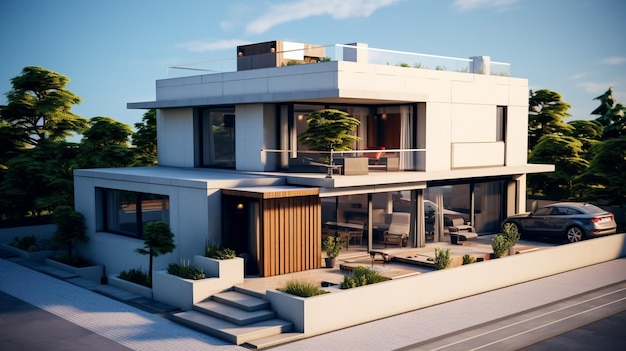 3D-Rendering eines modernen gemütlichen Hauses mit Parkplatz und Pool zum Verkauf oder Verleih mit Holzplankfassade und
