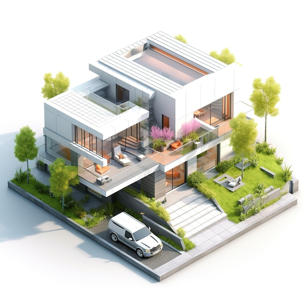 3D-Rendering eines modernen gemütlichen Hauses mit Pool und Parkplatz zum Verkauf oder Vermieten im luxuriösen Stil Isolate