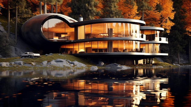 3D-Rendering eines modernen Hauses auf dem Wasser mit Reflexion