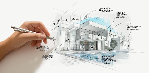 3D-Rendering eines modernen High-End-Architekturprojekts mit einer Hand, die skizziert und zeichnet