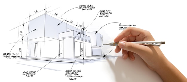 3D-Rendering eines modernen High-End-Architekturprojekts mit einer Hand, die skizziert und zeichnet