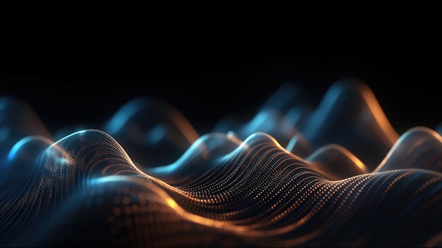 3D-Rendering eines modernen Hintergrunds mit einem Wellendesign aus blauen fließenden PartikelnGenerative AI AIG21