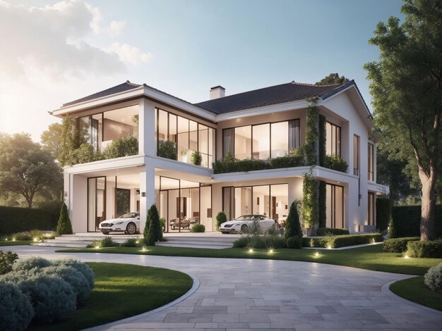3D-Rendering eines modernen klassischen Hauses mit luxuriösem Garten