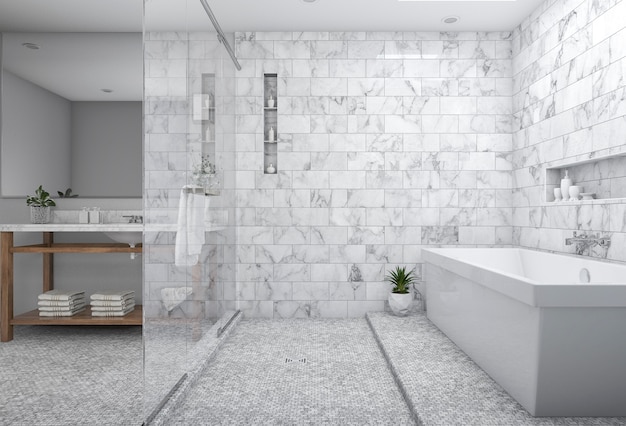 3D-Rendering eines modernen, minimalistischen Badezimmers mit skandinavischem Dekor und schönem Naturblick aus dem Fenster