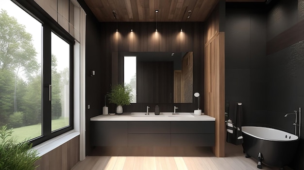 3D-Rendering eines modernen schwarzen Badezimmers aus Holz und Stein