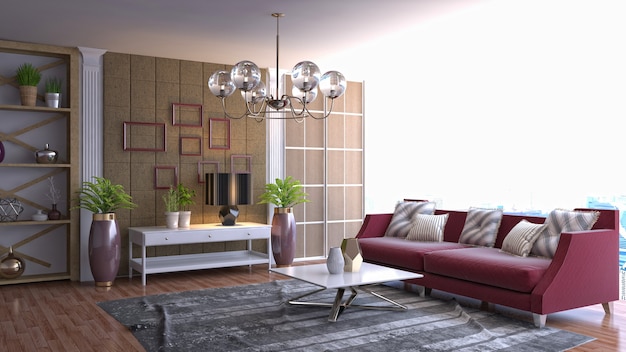 3D-Rendering eines modernen und gemütlichen Wohnzimmers