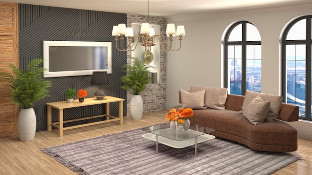 3D-Rendering eines modernen und gemütlichen Wohnzimmers
