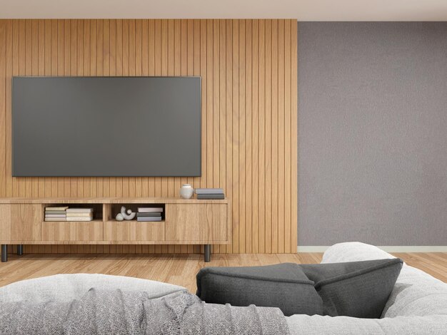 Foto 3d-rendering eines modernen wohnzimmers mit tv-bildschirm an einer holzwand