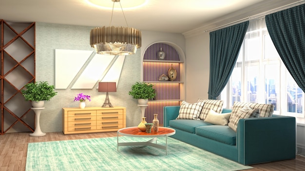 3D-Rendering eines modernen Wohnzimmers