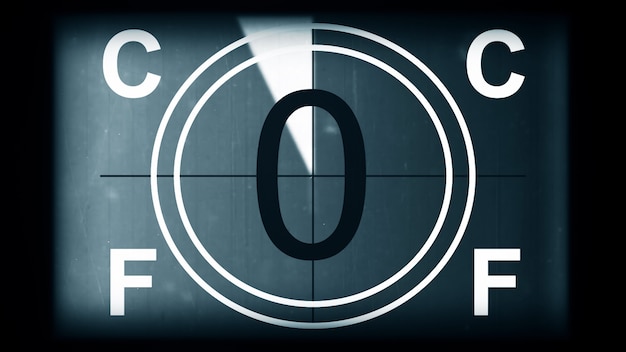 3D-Rendering eines monochromen universellen Countdown-Filmvorführers Countdown-Uhr von 10 bis 0