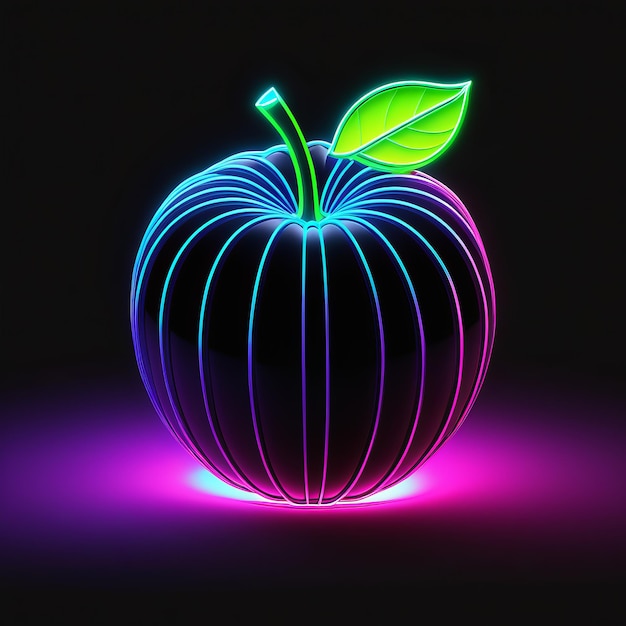 3D-Rendering eines neonleuchtenden Apfels mit leuchtenden Linien auf schwarzem Hintergrund 3D- Rendering eines ne