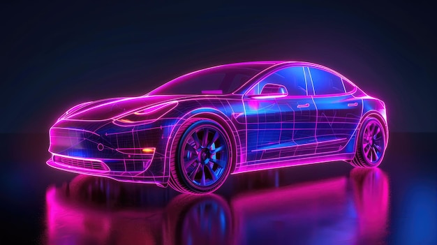 3D-Rendering eines neuen leistungsstarken Elektroautos im Neonlicht