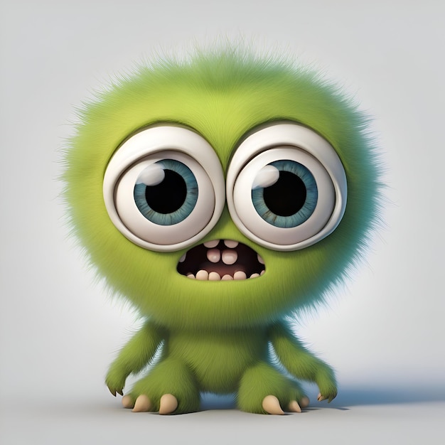 3D-Rendering eines niedlichen grünen Monsters mit großen Augen, isoliert auf grauem Hintergrund