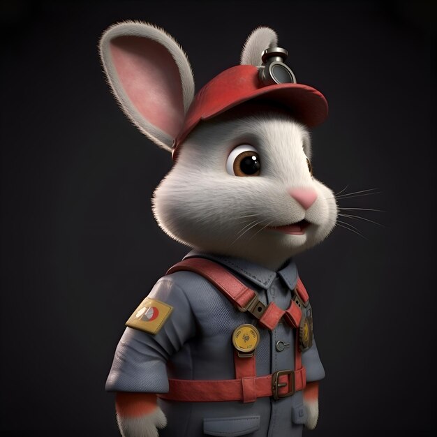 3D-Rendering eines niedlichen Kaninchen als isolierter Polizist auf schwarzem Hintergrund