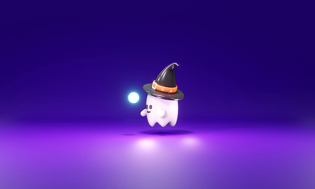 Foto 3d-rendering eines niedlichen kleinen geistes, der das magische lichtkonzept des halloween-hintergrunds betrachtet 3d-render-cartoon-stil