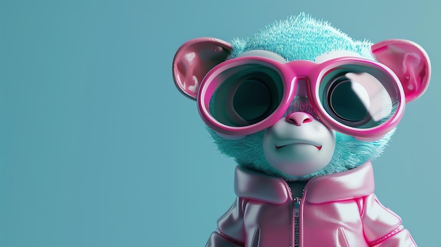 3D-Rendering eines niedlichen und farbenfrohen Affen mit Sonnenbrille. Der Affe hat blaues Fell, rosa Ohren und eine rosa Jacke.