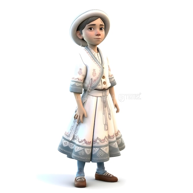 3D-Rendering eines niedlichen Zeichentrickfilmmädchens in einem weißen Kleid