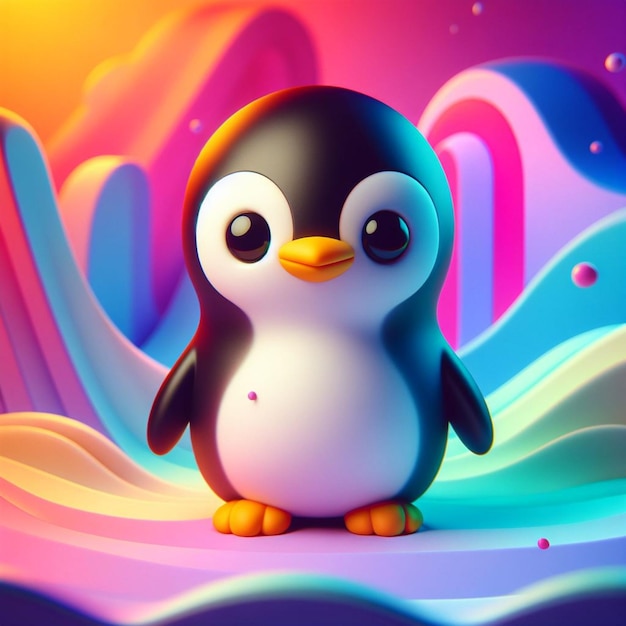 3D-Rendering eines Pinguins mit farbenfrohem Hintergrund