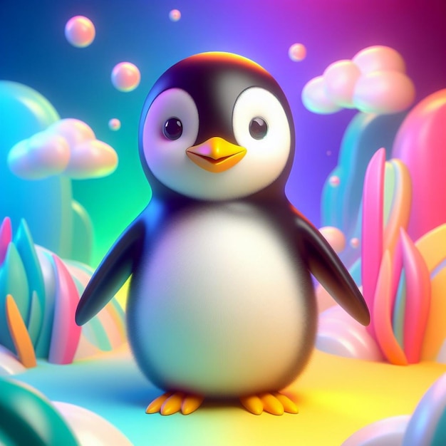3D-Rendering eines Pinguins mit farbenfrohem Hintergrund