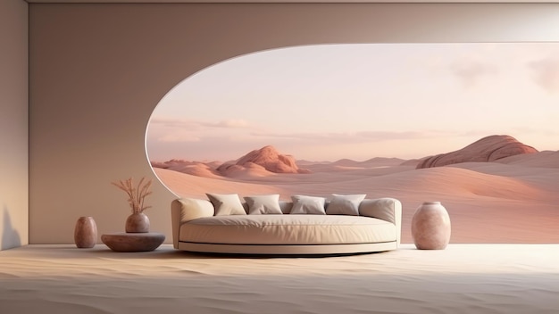 3D-Rendering eines Polsterkissen-Sofas in einem Wohnzimmer mit Wüstenblick-Hintergrund