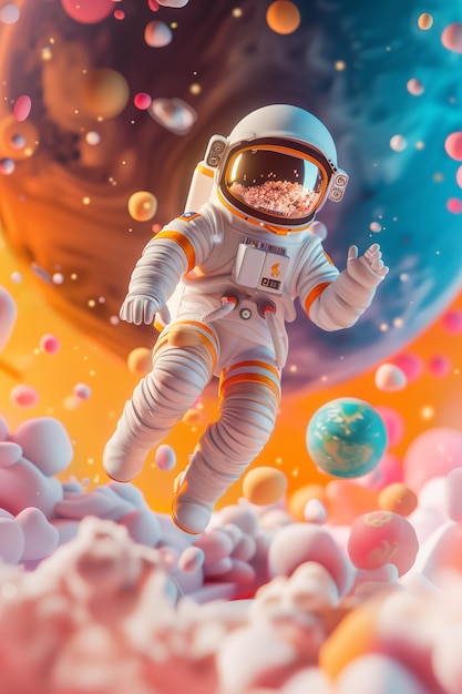 3D-Rendering eines Raumfahrers-Astronauten auf einem Planeten mit Sternen und Mond um ihn herum Poster-Banner-Postkarten-Design