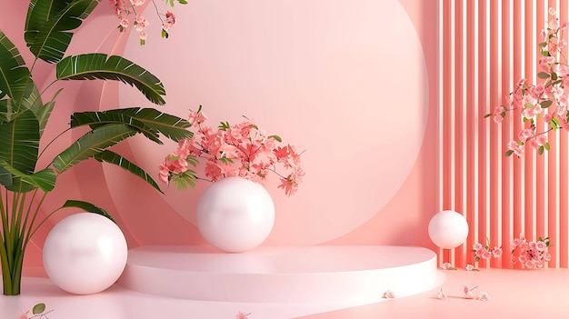 3D-Rendering eines rosa Podiums mit einem rosa Blumenarrangement und einem Palmblatt Der Hintergrund ist eine rosa Wand mit einem kreisförmigen Muster