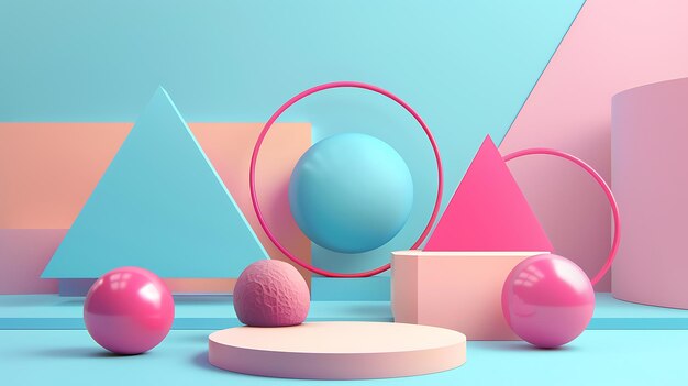 3D-Rendering eines rosa und blauen geometrischen Podiums mit einer rosa Kugel darauf