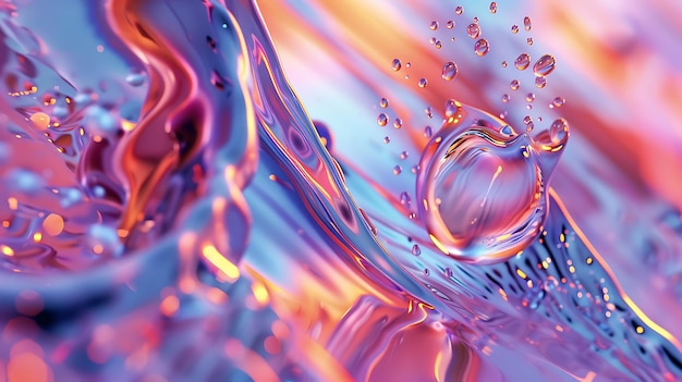 3D-Rendering eines rosa und blauen Wasserspritzes mit einer kleinen Blase, die im Vordergrund schwebt