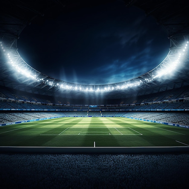 3D-Rendering eines runden Fußballstadions mit Scheinwerfern und Gras