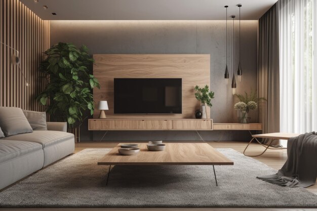 3D-Rendering eines skandinavischen Loft-Wohnzimmers mit Sofatisch und Fernseher