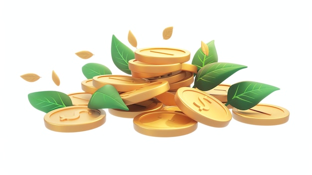 Foto 3d-rendering eines stapels von goldmünzen mit grünen blättern die münzen sind in verschiedenen größen und stückelungen