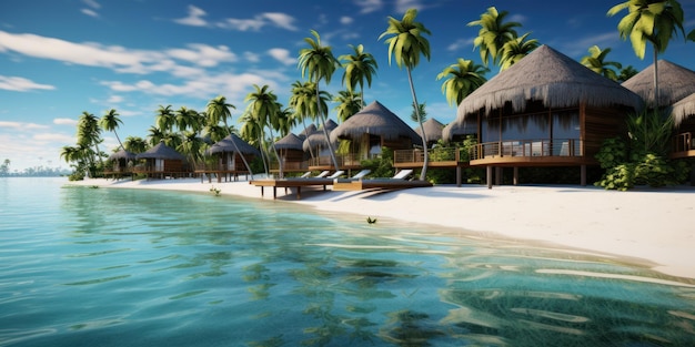 3D-Rendering eines tropischen Strandes mit Wasserbungalows und Kokospalmen