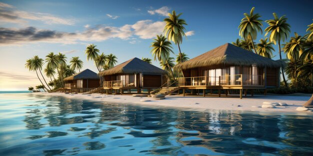 3D-Rendering eines tropischen Strandes mit Wasserbungalows und Kokospalmen