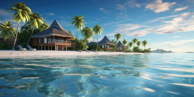 Foto 3d-rendering eines tropischen strandes mit wasserbungalows und kokospalmen