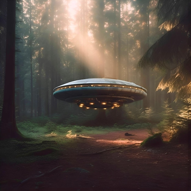 3D-Rendering eines UFO, das im dunklen Wald mit Nebel fliegt