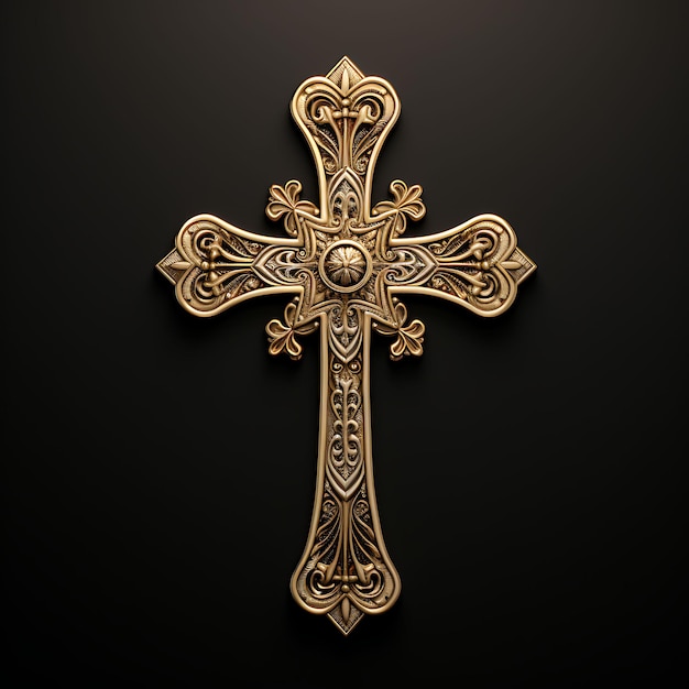 3D-Rendering eines vergoldeten Bronzekreuzes mit eingravierter filigraner Verzierung einer Karfreitags-Osterpalme