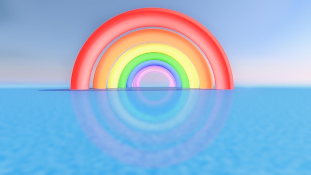 3D-Rendering eines vorderen und mittleren Regenbogens, der Schatten über einen Ozean wirft, der die Farben der Bögen mit Tiefenschärfe und einem blauen Himmel im Hintergrund widerspiegelt