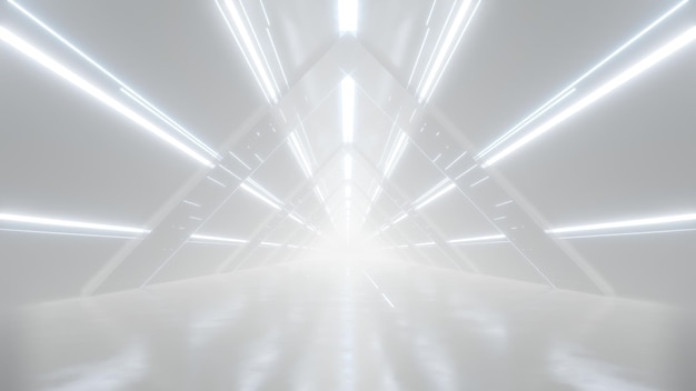 3D-Rendering eines weißen abstrakten Sci-Fi-Tunnels Futuristischer Dreieck-Raumschiff-Korridor