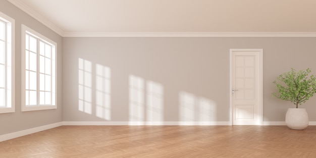 3D-Rendering eines weißen, leeren Raumes mit Holzboden und Sonnenlicht, der Schatten an die Wand wirft. Weiße Tür und Vase mit Pflanzen.